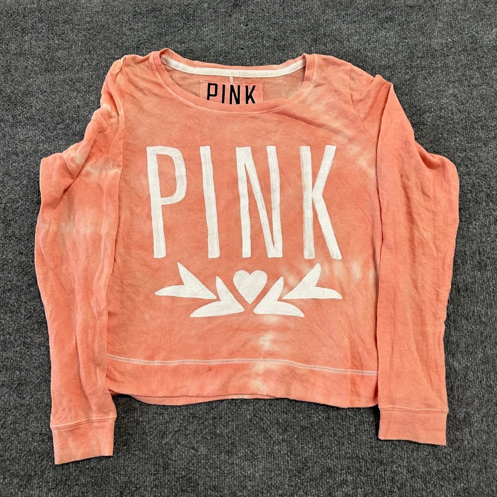 PINK Sweatshirt Womens Size M Coral Tie Dye Graphic Logo Long Sleeve Pullover